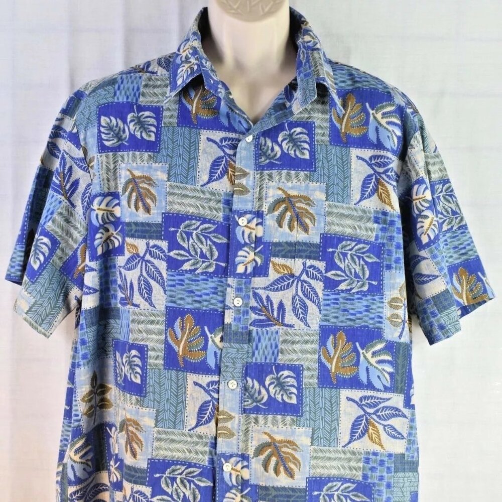 Kai Nani Hawaiian Aloha Camp Shirt Size X-Large Blue Floral Tapa Print